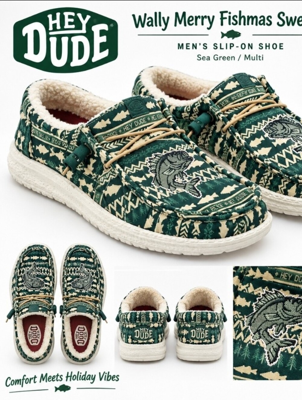 Hey Dude Wally Merry Fishmas Sweater Men's Slip-On Shoes Sea Green/Multi Fish 9